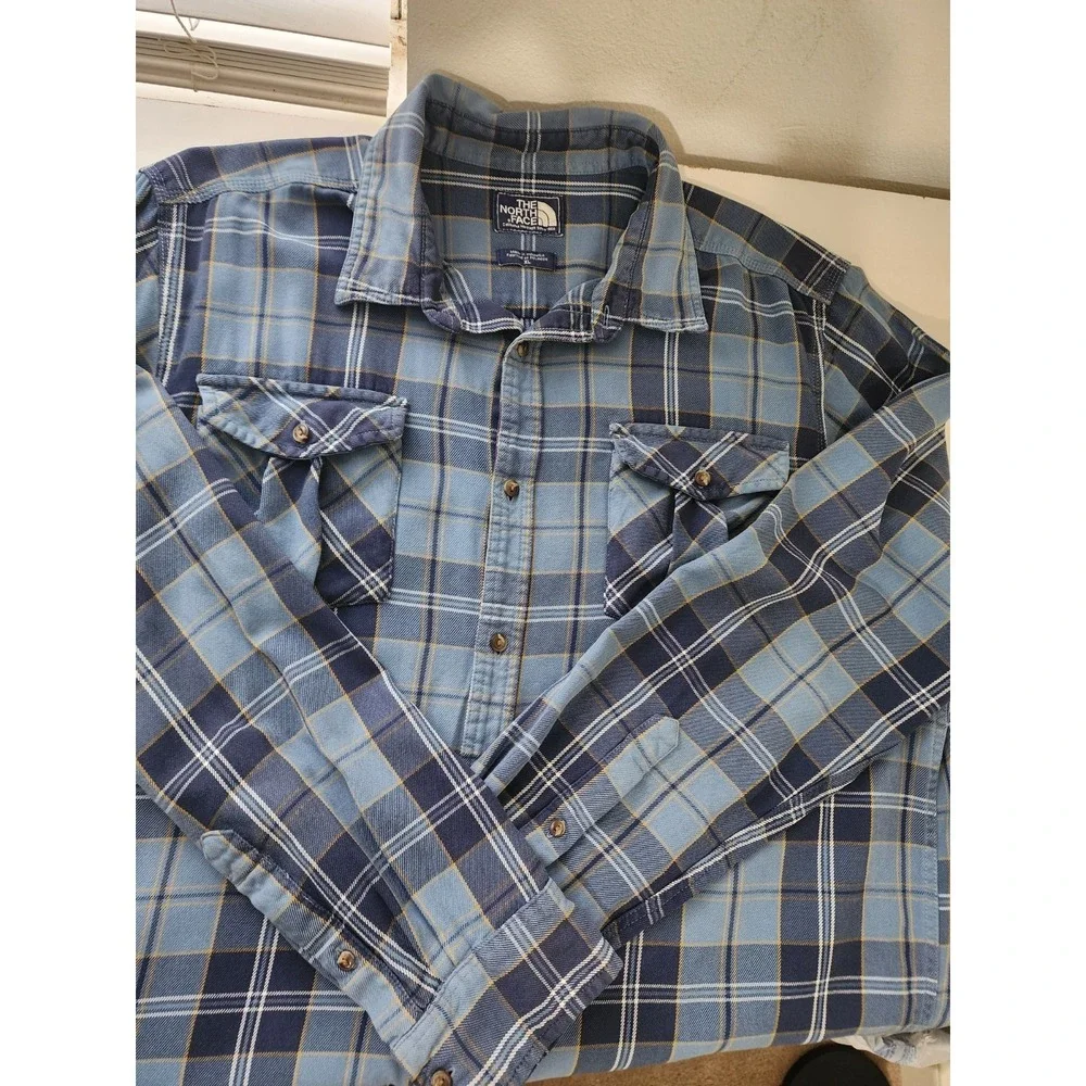 The North Face Flannel Shirt Mens XL‎ Blue Plaid Button Up Cotton Long